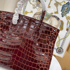 Birkin Style 25/30 Retourne in Rouge H Crocodile-Embossed Leather (Gold Hardware)