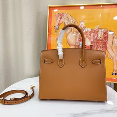 Birkin Style 25/30 Sellier in Gold Epsom Leather with White Stitching (Gold Hardware)