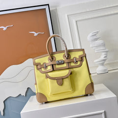 Birkin Cargo 25 Sesame and Lime Yellow Swift Leather Splicing Canvas Bag