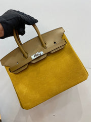 Birkin 25 Retourne in Yellow Swift Leather and Suede Grizzly (Palladium Hardware)
