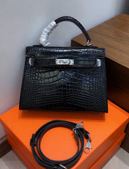 Kelly Sellier 22cm Noir Shiny Crocodile Leather Gold Hardware & Palladium Hardware Women Handbag