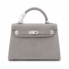 Kelly Sellier 22cm Gris Asphalte Suede Leather Palladium Hardware Women Handbag