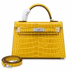 Kelly Sellier 19cm Jaune Ambre Shiny Crocodile Leather Gold Hardware & Palladium Hardware Women Handbag