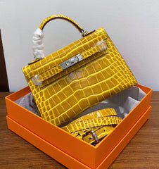 Kelly Sellier 19cm Jaune Ambre Shiny Crocodile Leather Gold Hardware & Palladium Hardware Women Handbag