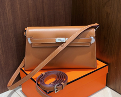 Kelly Elan 25 Underarm Baguette Bag, Genuine Top Layer Cowhide Goat Grain Leather, Silver Hardware Caramel Brown Shoulder Purse, Vintage Classic Fall Winter Must-Have Handbag Size 25×6.5×15cm