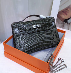 Kelly Pochette Gris Elephant Shiny Niloticus Crocodile Leather Palladium Hardware & Palladium Hardware Women Clutch Bag