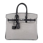 👜Birkin 25 HSS Bag Gris Perle / Black Matte Alligator Palladium Hardware
