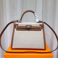 Kelly 25 Bag With Outside Stitching Constructed Of Patchwork Canvas & Premium Soft Swift Leather, Rich Warm Brown Tone Delivers Full-Bodied Vintage Luxury Texture Dimensions: Length 25 * Width 10 * Height 18cm