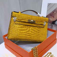 Kelly Pochette Jaune Ambre Shiny Niloticus Crocodile Leather Palladium Hardware Women Clutch Bag