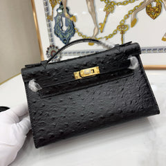 Mini Kelly Sellier 22cm Noir Ostrich Leather Gold Hardware Women Mini Handbag