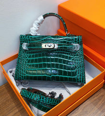 Kelly Sellier 19cm Vert Emeraude Shiny Crocodile Leather Gold Hardware & Palladium Hardware Women Handbag
