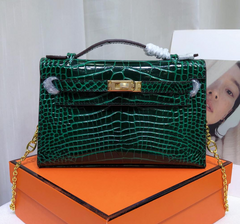 Kelly Pochette Vert Emeraude Shiny Niloticus Crocodile Leather Gold Hardware Women Clutch Bag