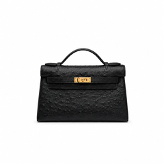 Mini Kelly Sellier 22cm Noir Ostrich Leather Gold Hardware Women Mini Handbag