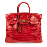 👜Birkin 25 Bag Red Braise Porosus Crocodile Gold Hardware Lipstick Red