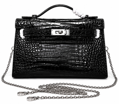 Kelly Pochette Noir Shiny Niloticus Crocodile Leather Palladium Hardware & Palladium Hardware Women Clutch Bag