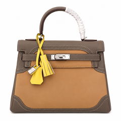 Kelly Sellier Ghillies 28cm Beige Poussière & Marron Foncé Barenia Leather Palladium Hardware Women Handbag