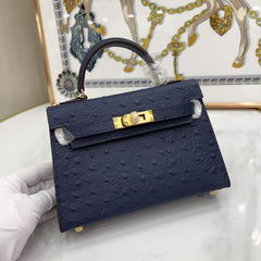 Mini Kelly Sellier 19cm Bleu Nuit Ostrich Leather Gold Hardware Women Mini Handbag