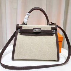 Kelly 25 Bag With Exterior Stitching Crafted Of Patchwork Canvas & Premium Swift Leather, Classic Deep Ebony Wood Shade, Unique Mixed Material Texture With Distinct Vintage Charm Dimensions: Length 25 * Width 10 * Height 18cm