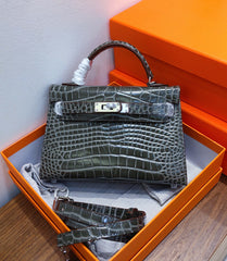 Kelly Sellier 19cm Gris Elephant Shiny Crocodile Leather Gold Hardware & Palladium Hardware Women Handbag