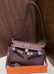 Kelly Elan 25 Underarm Baguette Bag, Genuine Top Layer Cowhide Goat Grain Leather, Gold Hardware Havane Brown Shoulder Purse, Low-key Old Money Vintage Style Daily Handbag Size 25×6.5×15cm