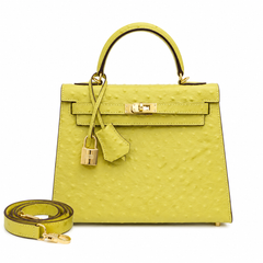 Kelly Sellier 25cm Jaune Poussin Ostrich Gold Hardware Designer Women Shoulder Handbag