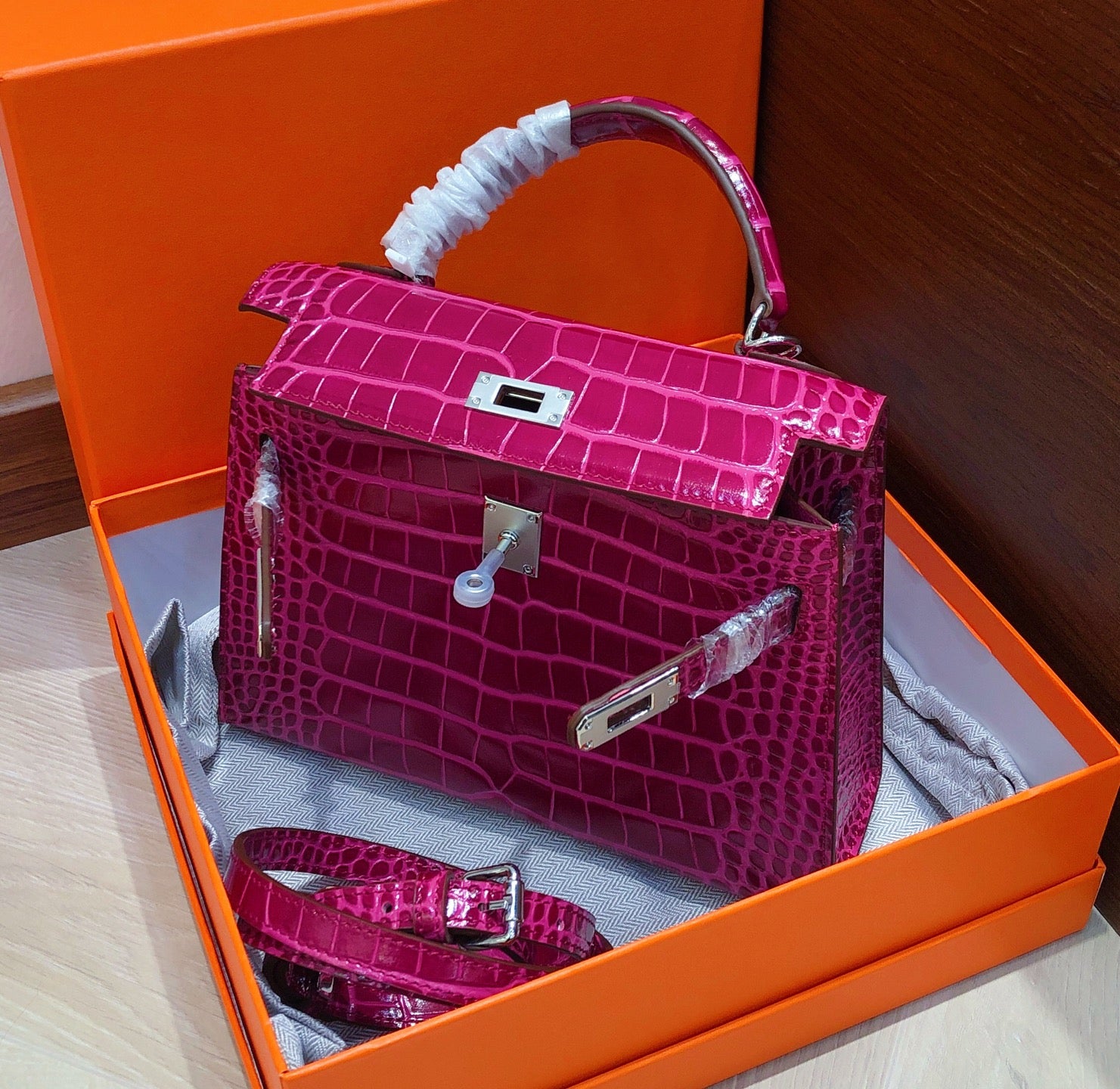 Kelly Sellier 22cm Fuchsia Shiny Crocodile Leather Gold Hardware & Palladium Hardware Women Handbag