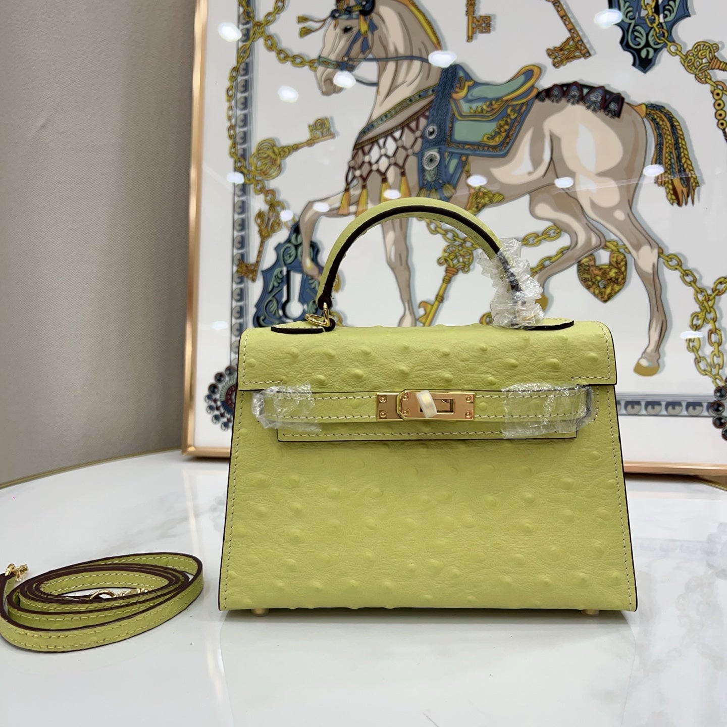 Mini Kelly II 19cm Sellier Jaune Poussin Ostrich Gold Hardware Luxury Mini Handbag