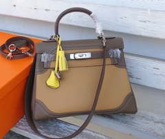 Kelly Sellier Ghillies 28cm Beige Poussière & Marron Foncé Barenia Leather Palladium Hardware Women Handbag