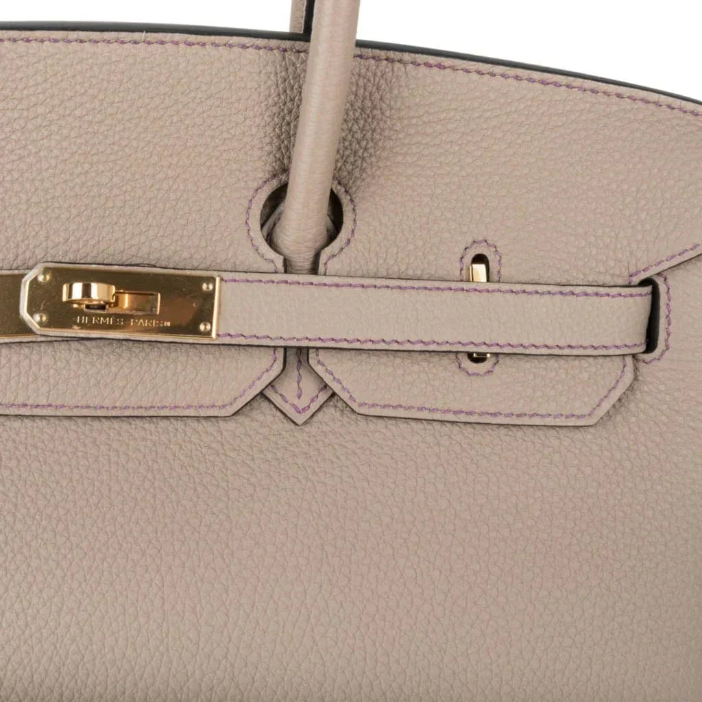 👜HSS Tri-Color Birkin 35 Gris Tourterelle Blue Paon & Purple Stitching Special Order Bag
