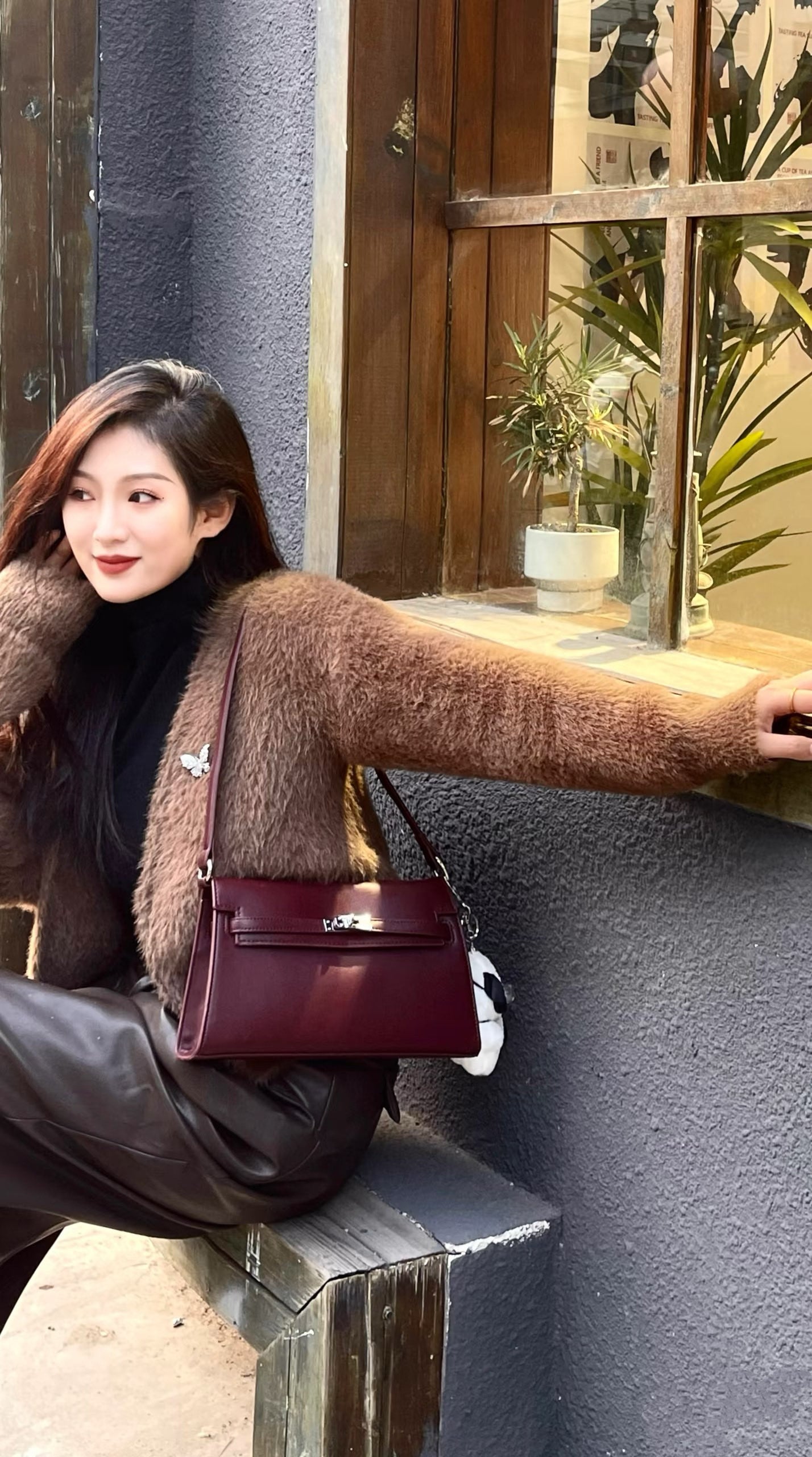 Kelly Elan 25 Underarm Baguette Bag, Genuine Top Layer Cowhide Goat Grain Leather, SilverHardware Vintage Wine Red Shoulder Handbag, Elegant Luxury Quiet Glam Daily Purse Size 25×6.5×15cm