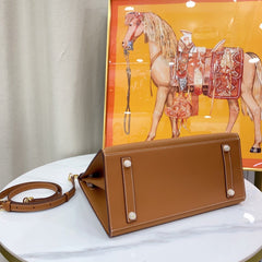 Birkin Style 25/30 Sellier in Gold Epsom Leather with White Stitching (Gold Hardware)