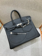 Birkin 25 Rock Black Leather Multi-Pocket Handbag with Chain
