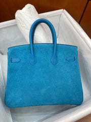 Rare Runaway Birkin 25cm Grizzly Tanzanite Blue Suede Luxury Tote