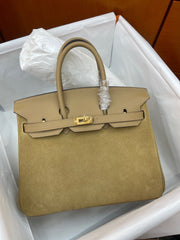 Elegant Neutral Birkin 25cm Grizzly Beige Suede Luxury Top-Handle Tote