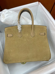 Elegant Neutral Birkin 25cm Grizzly Beige Suede Luxury Top-Handle Tote