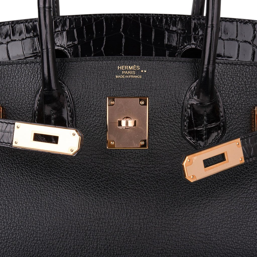 👜Birkin 30 Touch Bag Black Crocodile / Black Leather Rose Gold Hardware