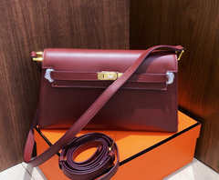 Kelly Elan 25 Underarm Baguette Bag, Genuine Top Layer Cowhide Goat Grain Leather, Gold Hardware Vintage Wine Red Shoulder Handbag, Elegant Luxury Quiet Glam Daily Purse Size 25×6.5×15cm