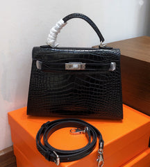 Kelly Sellier 22cm Noir Shiny Crocodile Leather Gold Hardware & Palladium Hardware Women Handbag