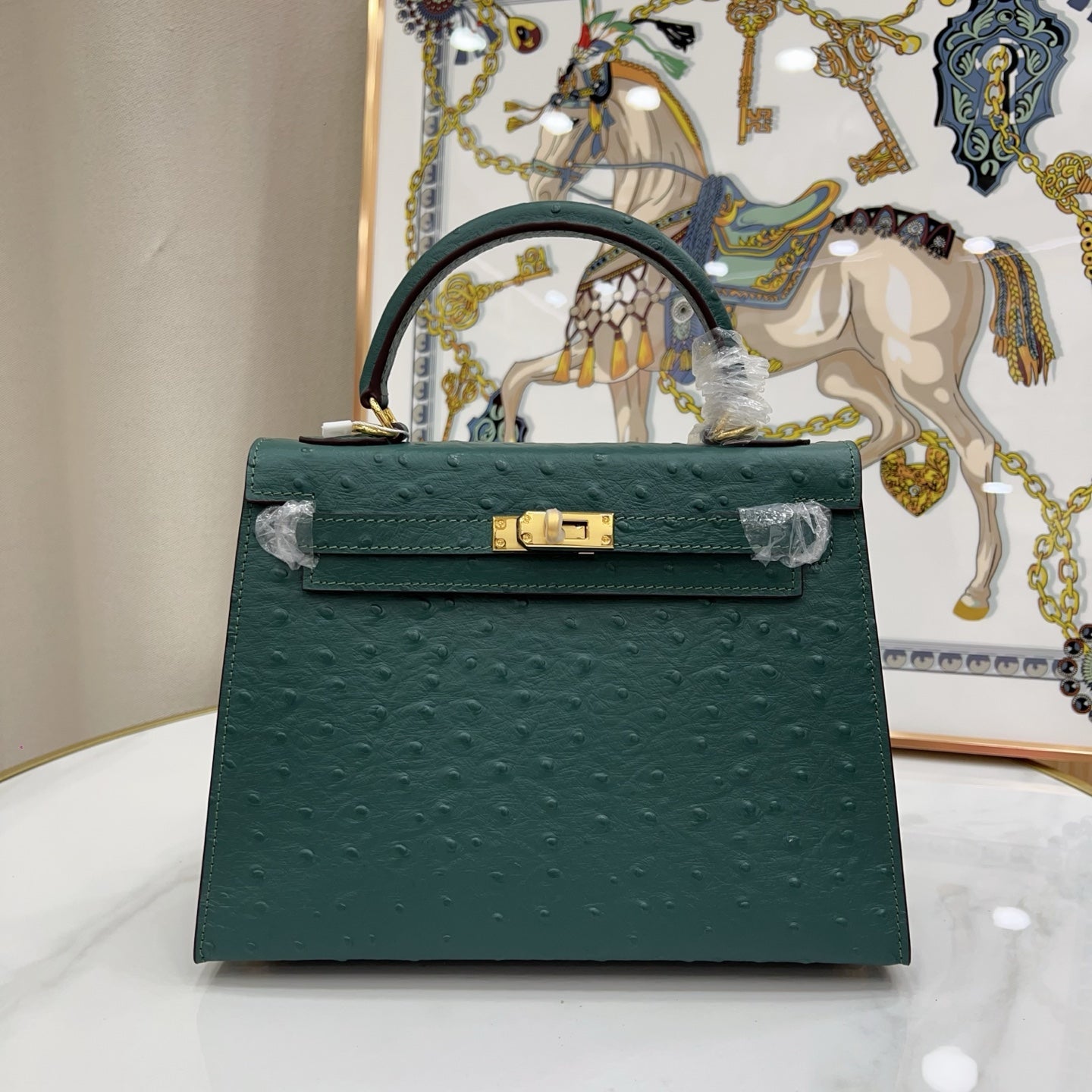 Kelly Sellier 25cm Vert Cypress Ostrich Gold Hardware Vintage Women Handbag
