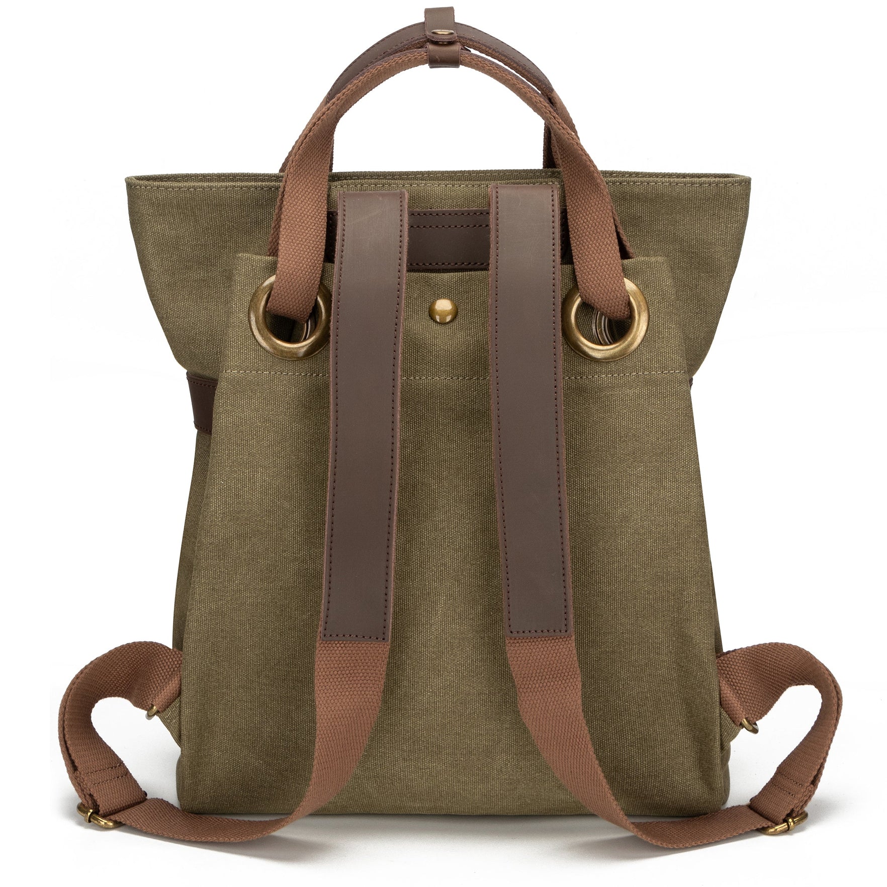 Olive/Washed Blue Dual-Mode Rectangular Canvas Carry Vessel with Antiqued Metallic Grommet Twist Lock and Convertible Hand & Back Carry Fixtures Backpack
