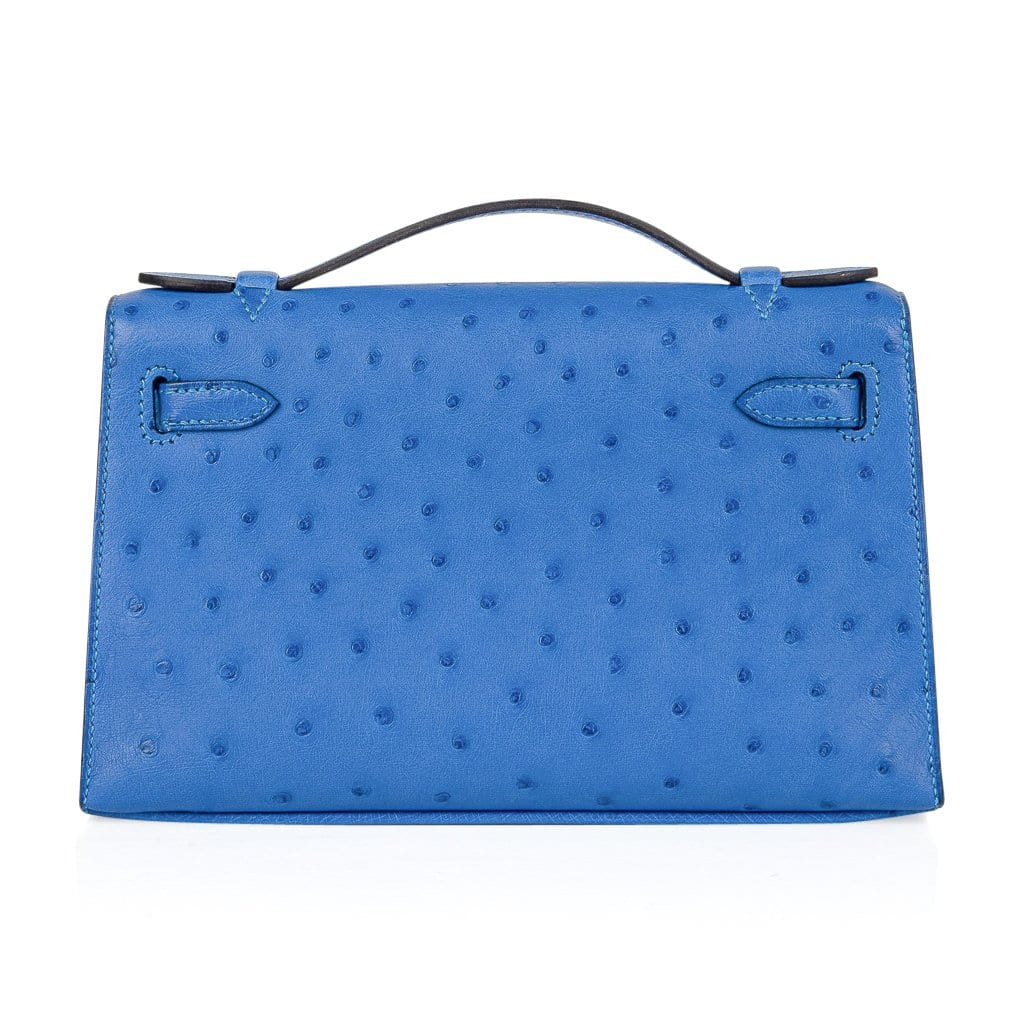 👜Kelly Pochette Bag Bleuet Ostrich Clutch Gold Hardware