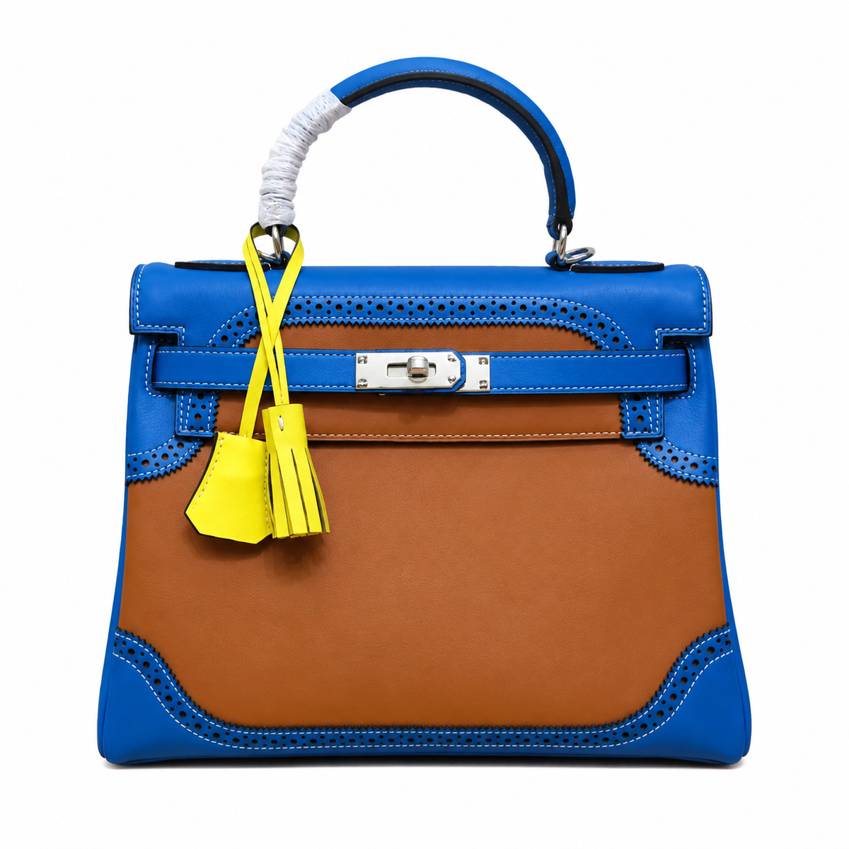 Kelly Sellier Ghillies 28cm Bleu Izmir & Natural Sable Barenia Leather Palladium Hardware Women Handbag
