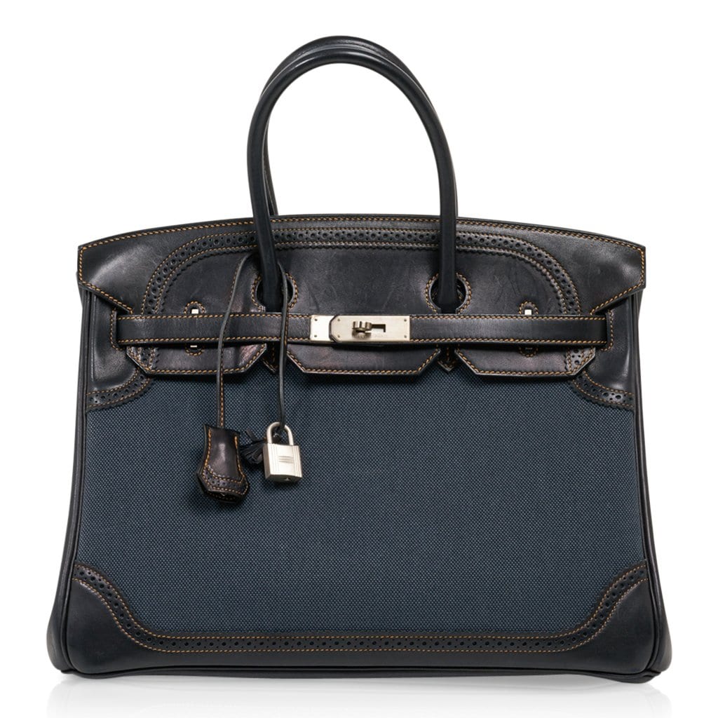 👜Birkin 35 Ghillies Denim Fonce Toile / Black Evercalf Bag Limited Edition