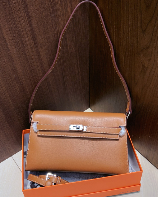 Kelly Elan 25 Underarm Baguette Bag, Genuine Top Layer Cowhide Goat Grain Leather, Silver Hardware Caramel Brown Shoulder Purse, Vintage Classic Fall Winter Must-Have Handbag Size 25×6.5×15cm