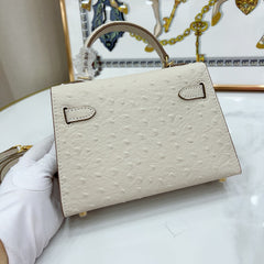 Mini Kelly II 19cm Sellier Craie Ostrich Gold Hardware Premium Women Daily Handbag