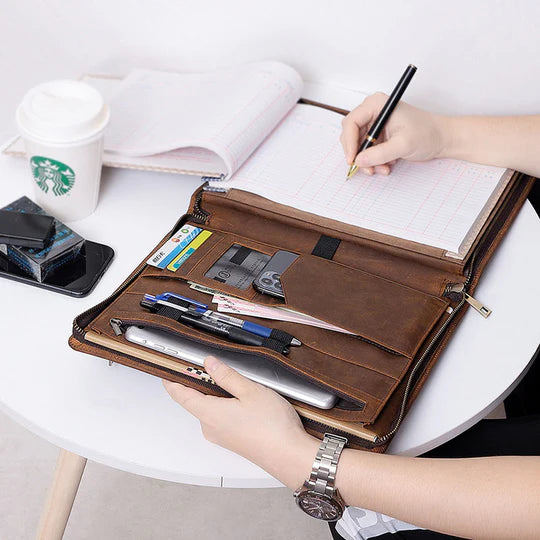 Warm Brown Full-Zip Rectangular Multi-Compartment Document Vessel with Tablet & Notepad Holding Insets and Slanted Outer Slip Pocket Padfolio