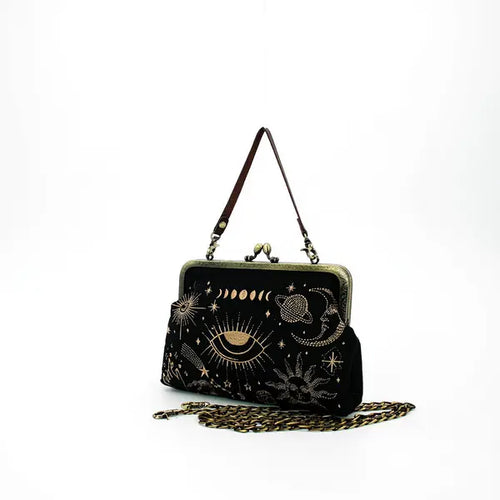 Deep Black Celestial Motif Framed Kiss Lock Carry Pouch Vintage Metallic Trim Dual Carry Hardware Options