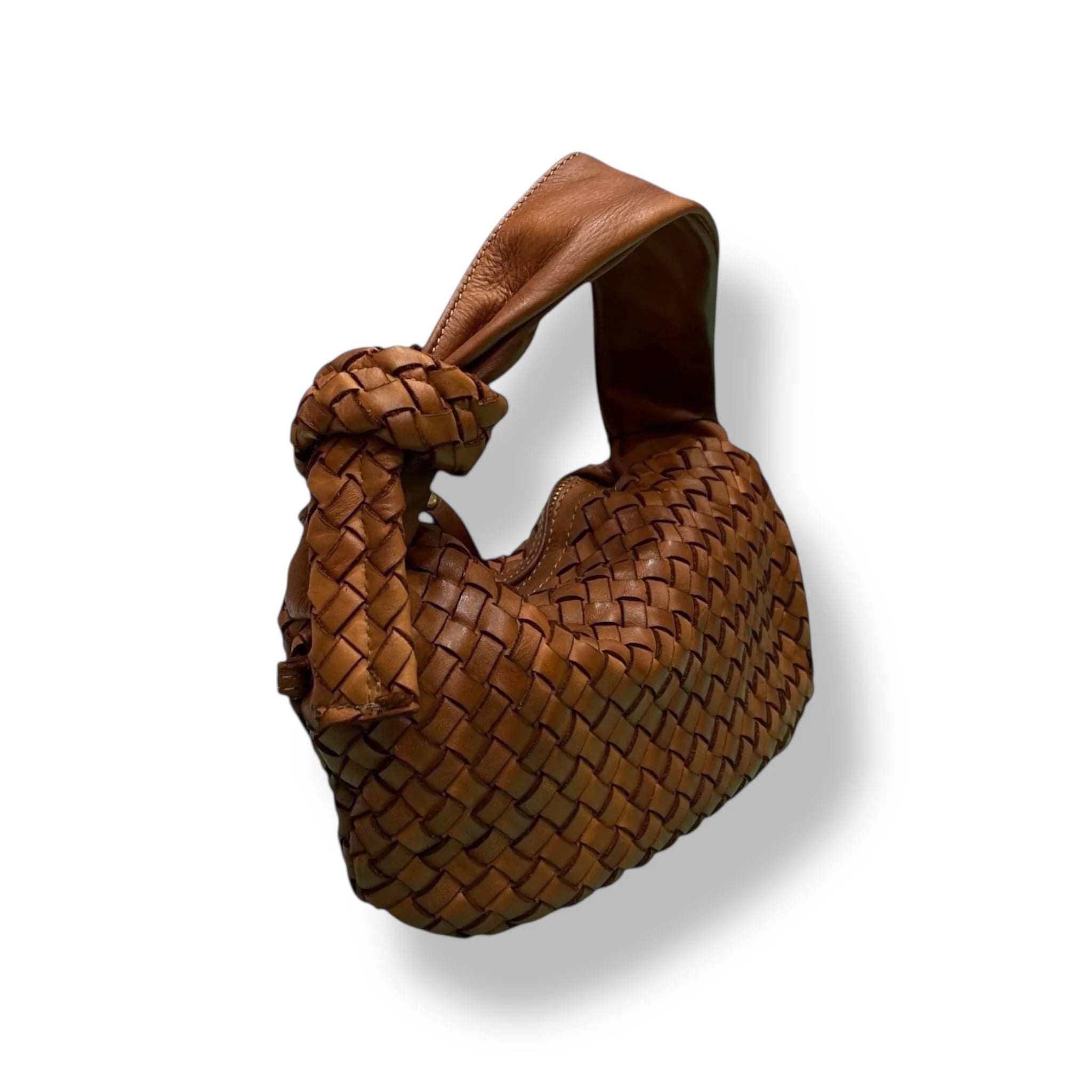 Warm Caramel Intricate Interlaced Weave Slouchy Shoulder Vessel With Distinct Woven Knot Accent Wide Smooth Carry Loop Handbag