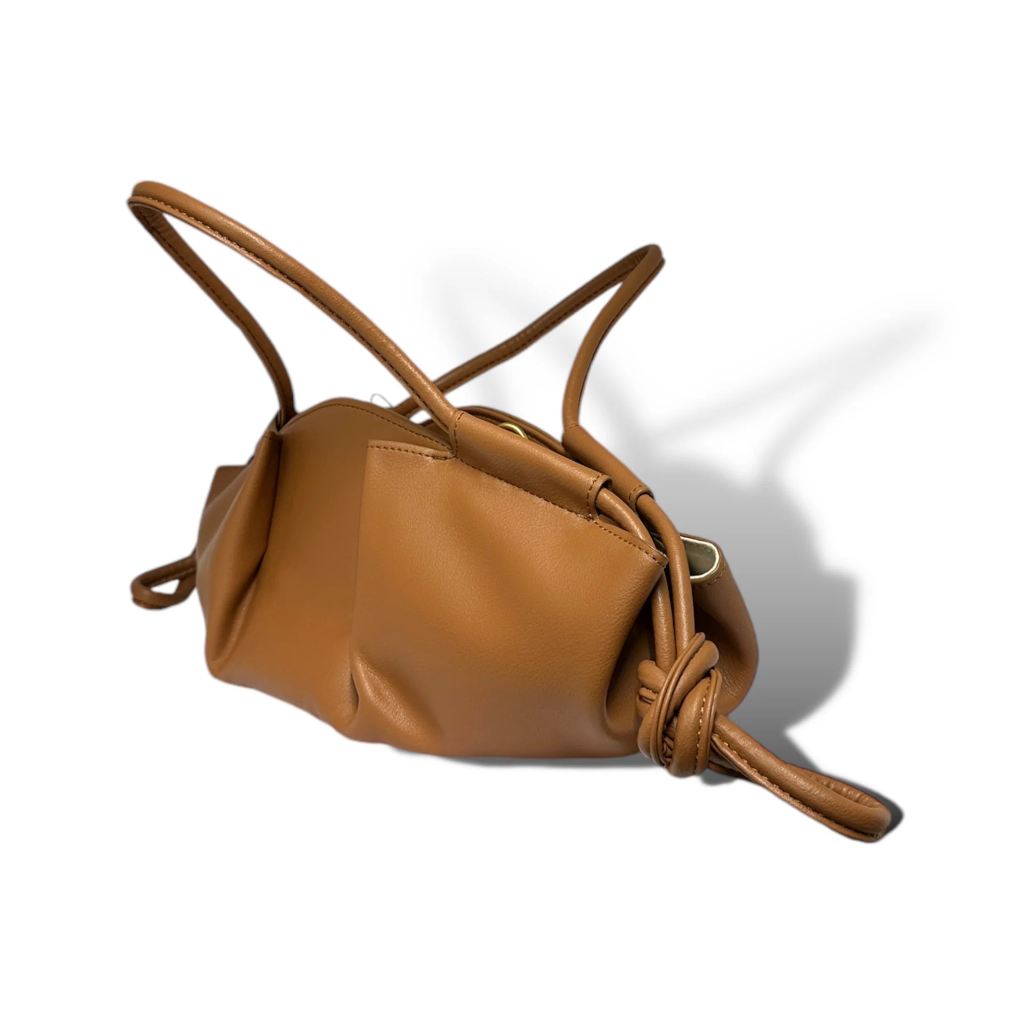 Warm Tan Gathered End Elongated Mini Carry Sack Curved Handbag Loops and Separate Torso Rest Band Fixtures