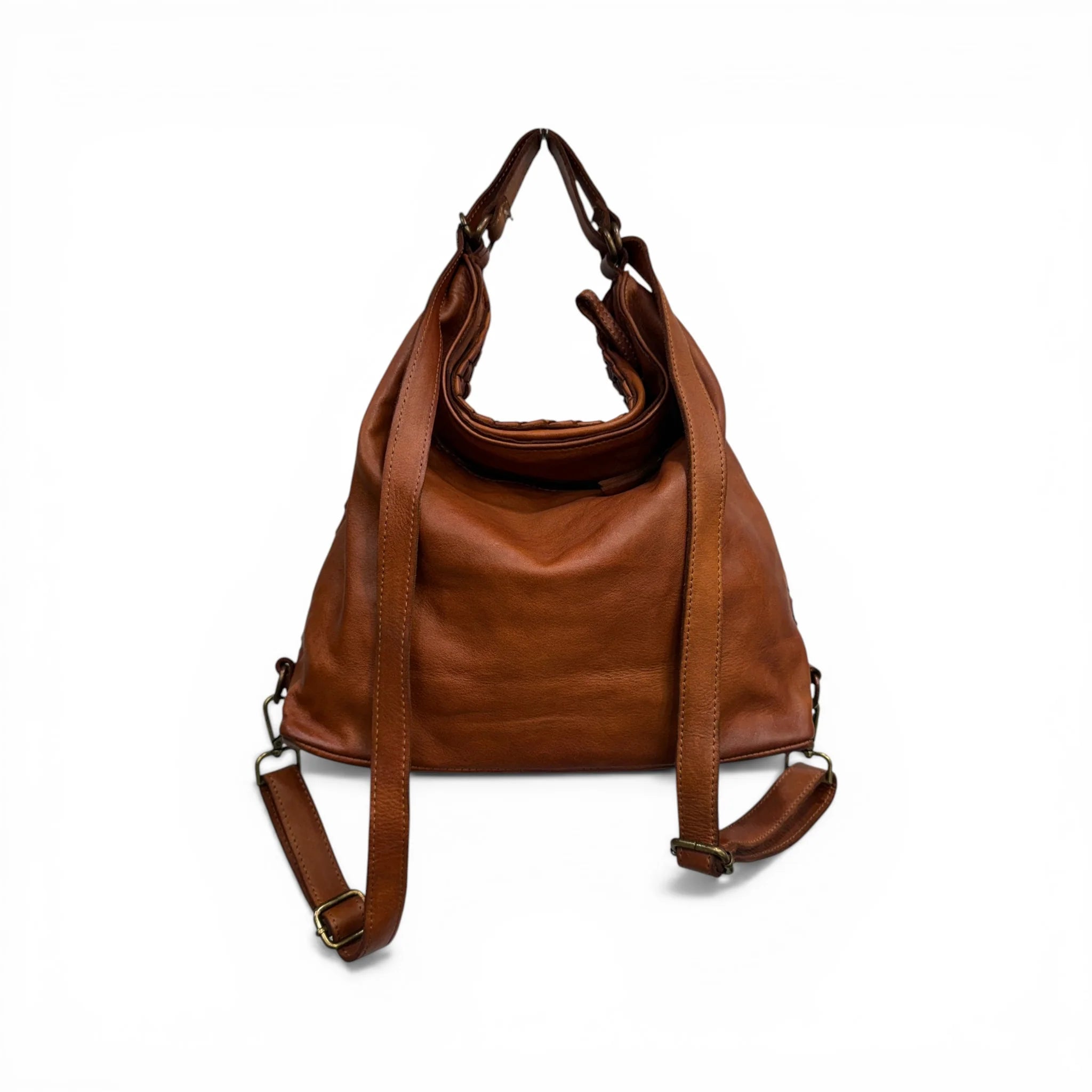 Multi-Tone Interchangeable Carry Slouch Sack With Grid Weave Surface Option And Reconfigurable Antique Metallic Fastened Straps Backpack